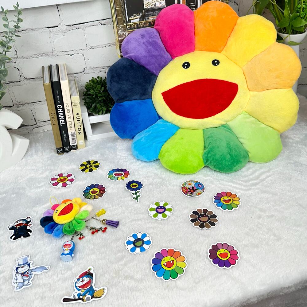 Murakami looking smile rainbow Pillow, stickers & bag charm keychain
